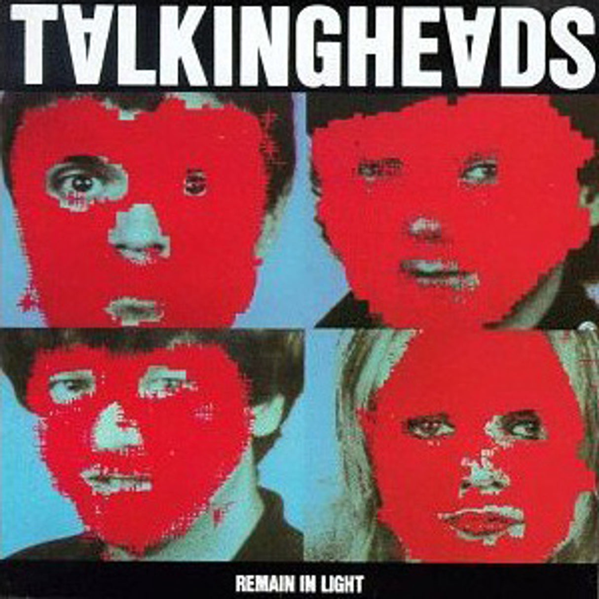 Album cover for 'Remain in Light' by Talking Heads with red textured faces and blue background.