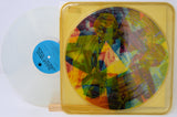 Colorful vinyl record with a yellow border on a white background