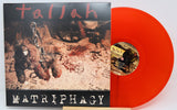 Front cover of Tallah Matriphagy LP with chained stuffed animal and splattered red floor