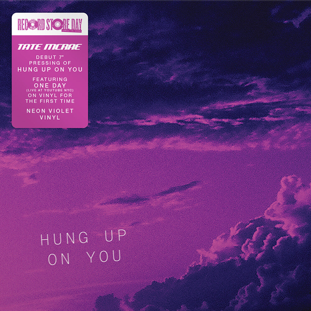 Album cover with purple sky and clouds, featuring a pink label for 'Tate McRae' on a neon violet vinyl.