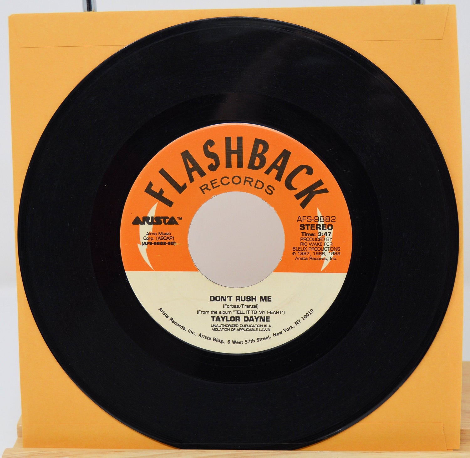 Taylor Dayne 'Don't Rush Me' 45 RPM vinyl record by Flashback Records in paper sleeve