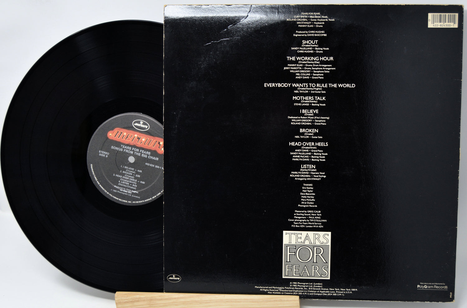 Vinyl record with cover displaying tracklist on a white background
