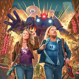 Two characters in a cityscape with a robot and neon signs, holding guitars.