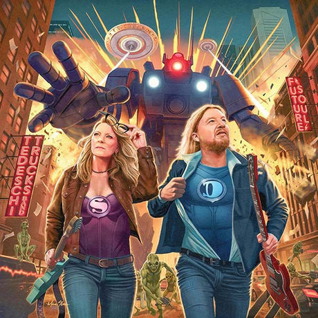 Two characters in a cityscape with a robot and neon signs, holding guitars.