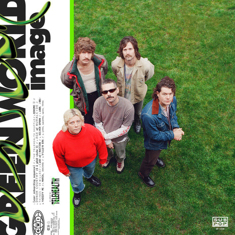Album cover with five people standing on grass, featuring the band name 'Telehealth' and title 'Green World Image' on the left.