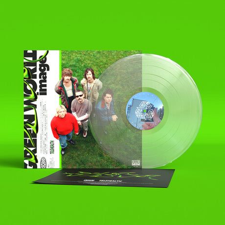 Vinyl record with clear disc and cover featuring people on a green background