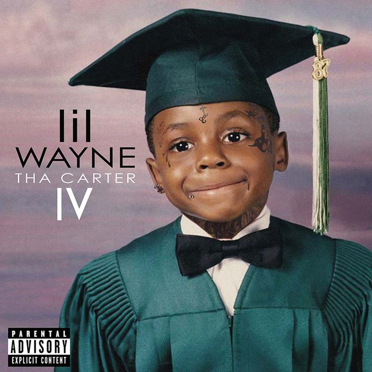 Tha Carter IV album cover featuring a young boy in a green graduation cap and gown with tattoos.