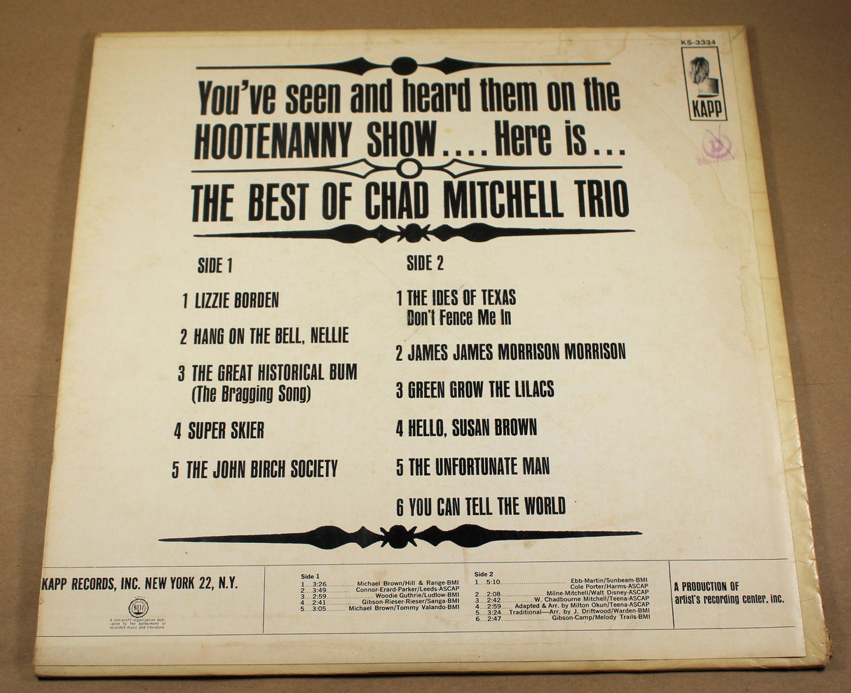 Back cover of The Best of Chad Mitchell Trio album showing tracklist and details