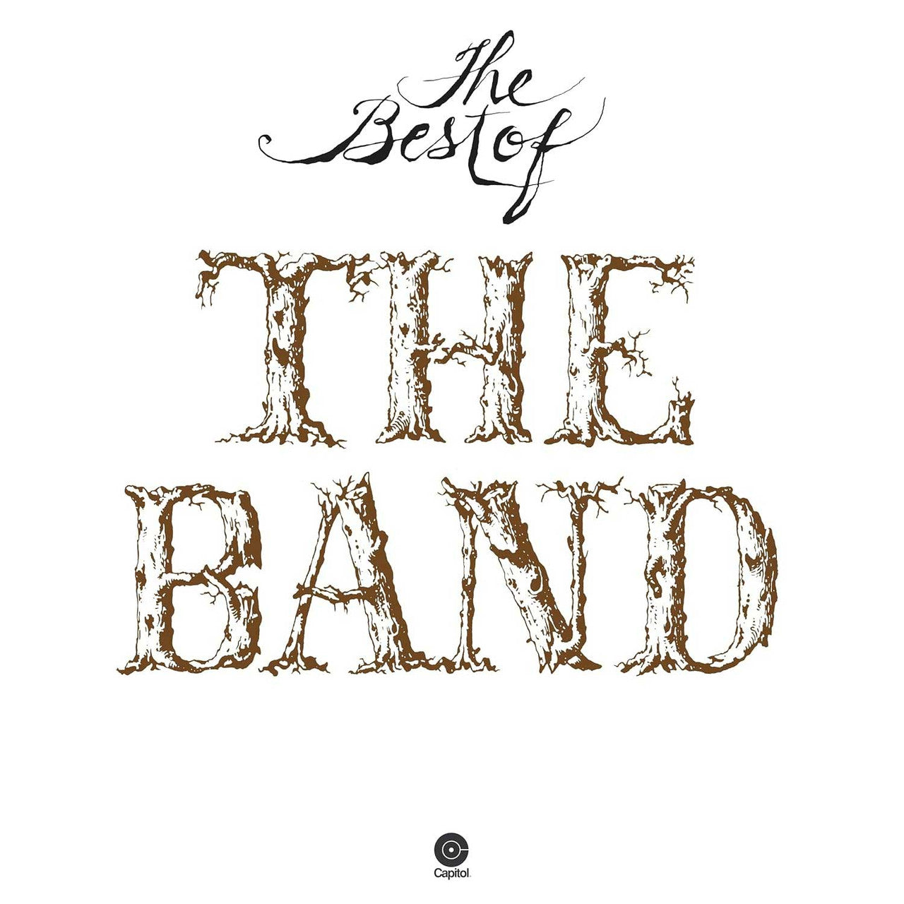 The Best of The Band album cover with stylized tree-bark font on a white background