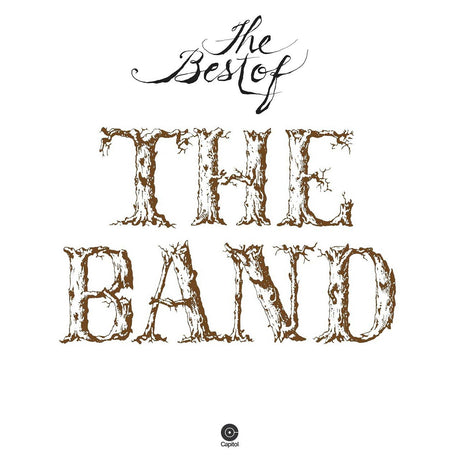 The Best of The Band album cover with stylized tree-bark font on a white background