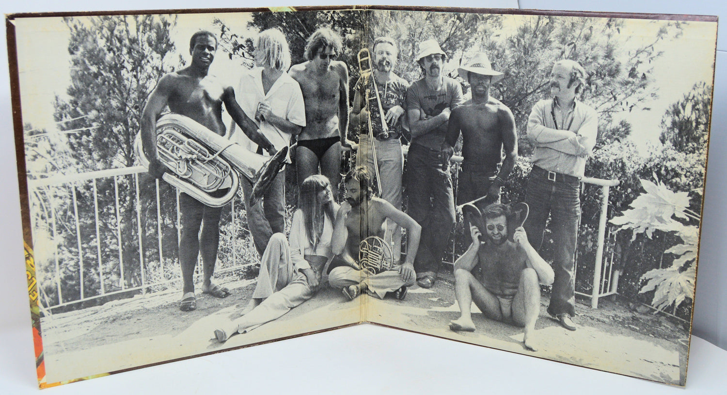 Vintage black and white group photo of The Carla Bley Band with instruments during 1977 European tour
