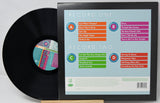 Vinyl record with a color-coded tracklist on a white background