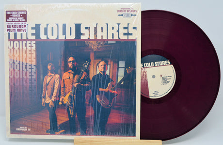 Front cover and burgundy plum vinyl of The Cold Stares' Voices album featuring band members in a vintage room