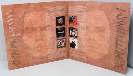 Gatefold inner sleeve of The Cult's Pure Cult: The Singles 1984-1995 vinyl album with album notes and artwork