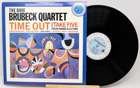 Front cover and vinyl record of The Dave Brubeck Quartet's 'Time Out' album, featuring iconic abstract artwork