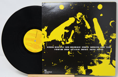 Back cover and vinyl of The Explosion Flash Flash Flash album, punk band live photo and tracklist