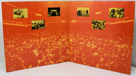 Album cover with a large crowd scene and smaller photos of people on an orange background