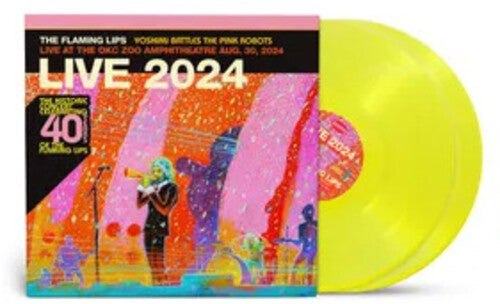 The Flaming Lips LIVE 2024 album with neon yellow vinyl and colorful concert artwork