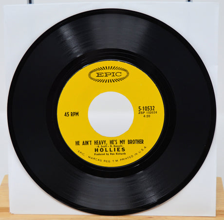 Epic 45 RPM vinyl record featuring The Hollies' He Ain't Heavy, He's My Brother single