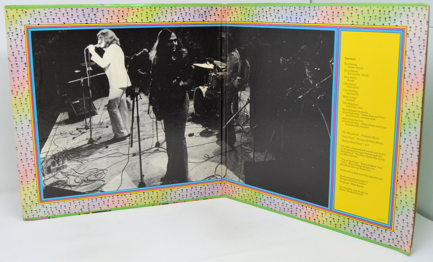 Album cover with black and white photos and a yellow text section on a colorful border.