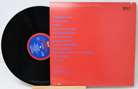 Vinyl record with red cover and black disc on a white background