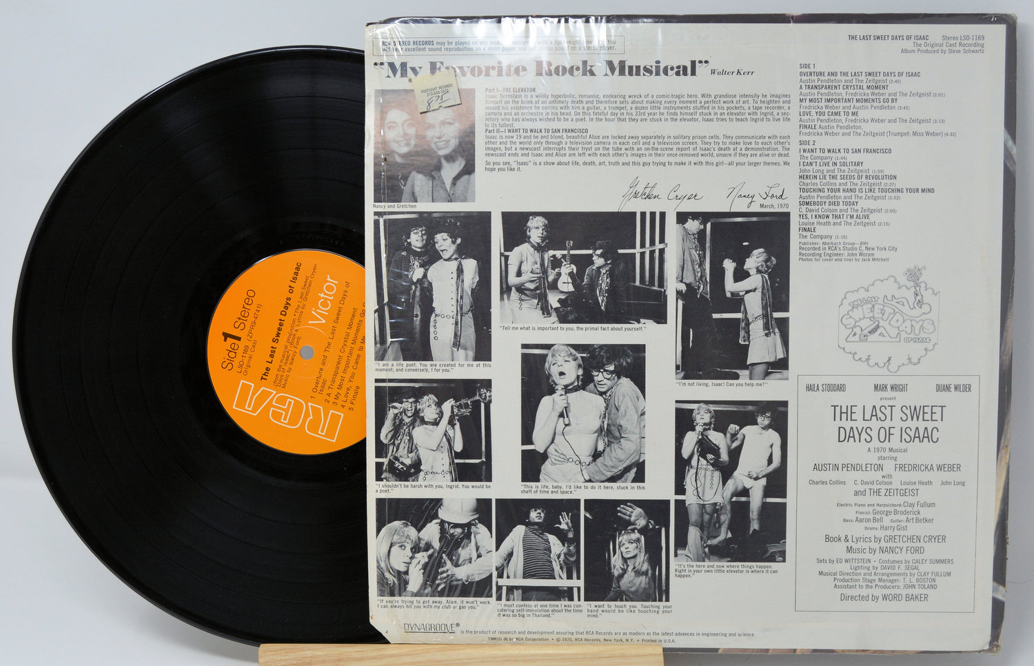 Back cover and vinyl record of The Last Sweet Days of Isaac Original Cast Recording with cast photos and tracklist