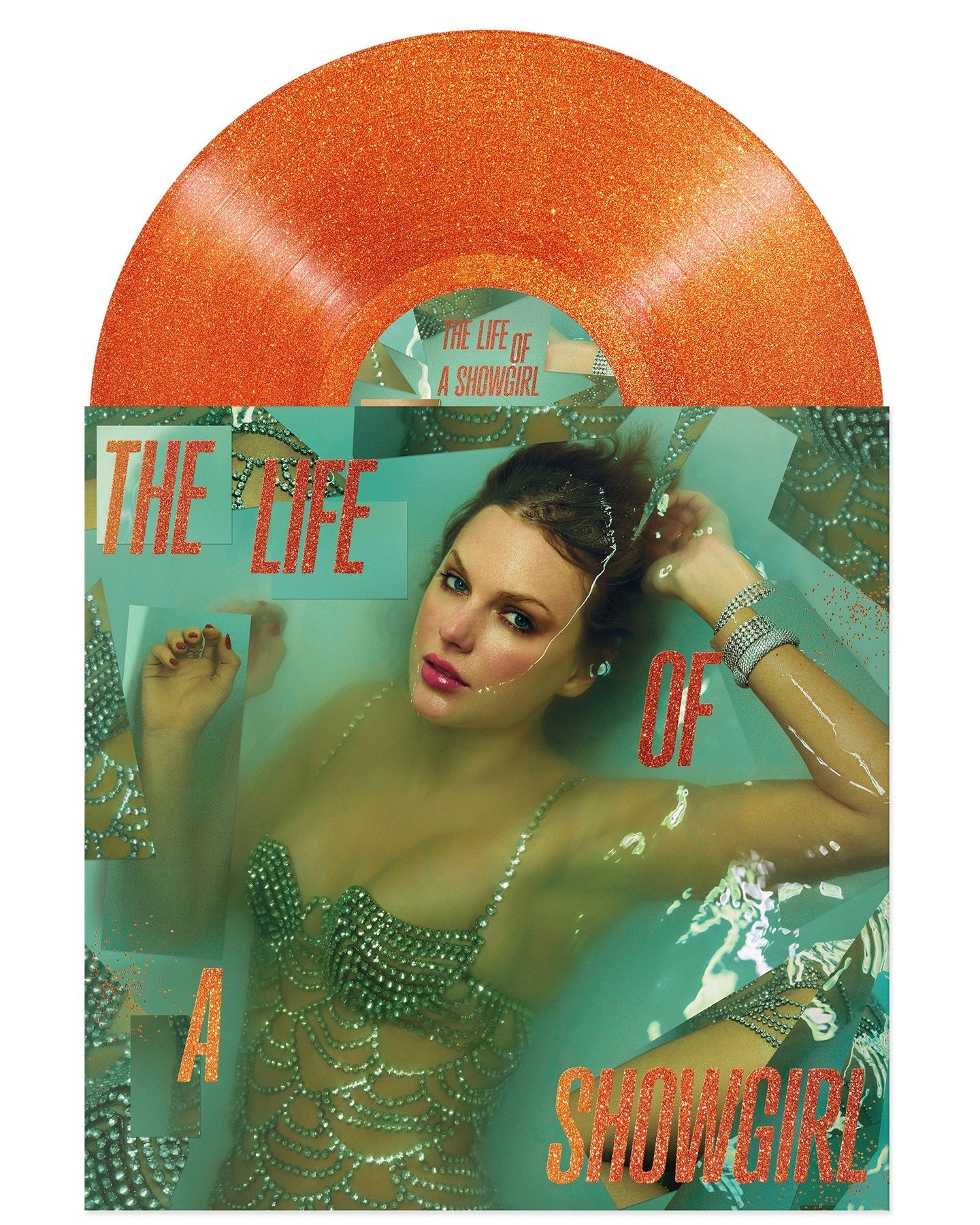 The Life of a Showgirl orange glitter vinyl record with sparkling cover art.