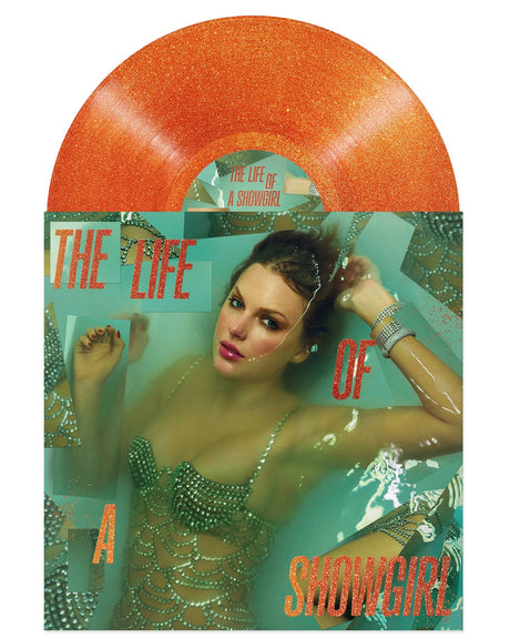 The Life of a Showgirl orange glitter vinyl record with sparkling cover art.