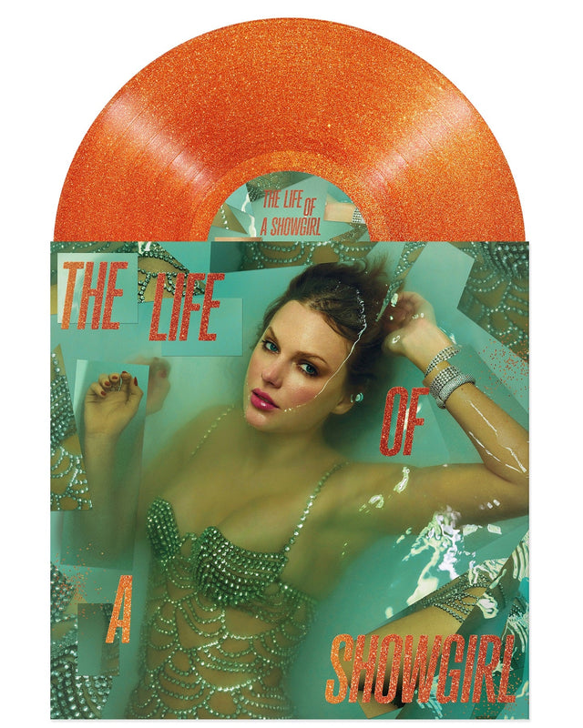The Life of a Showgirl orange glitter vinyl record with sparkling cover art.