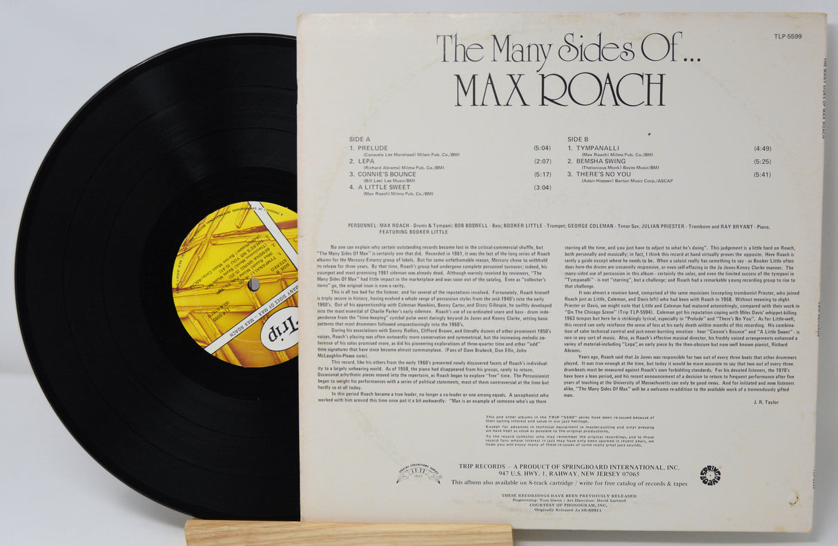 Back cover and vinyl record of 'The Many Sides of Max Roach' LP showing track list and album details