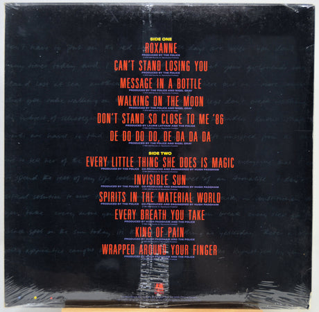 The back cover of a vinyl record featuring a black background with the tracklist printed in red and yellow text, wrapped in clear plastic.