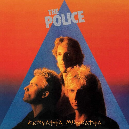 The cover art features a triangular design with a photograph of the members of The Police in 1980. The album title 'Zenyatta Mondatta' is prominently displayed at the bottom.