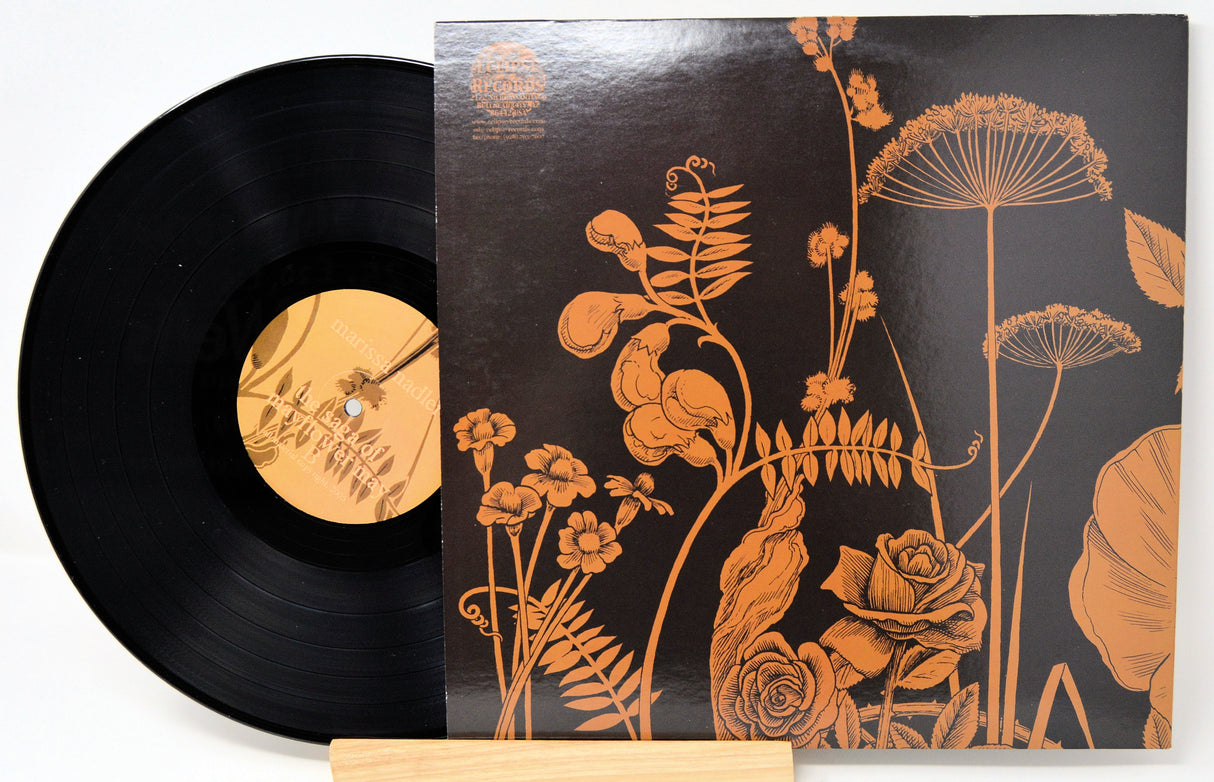 Back cover and vinyl record of The Saga of Mayflower May with golden floral illustrations