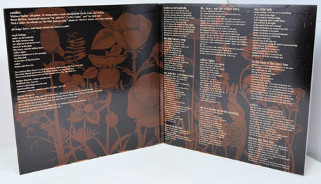 Open gatefold of The Saga of Mayflower May vinyl featuring detailed floral artwork and printed lyrics