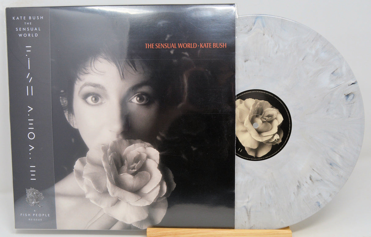 Front cover and vinyl of Kate Bush's The Sensual World ash grey colored edition showing iconic album art and marbled record