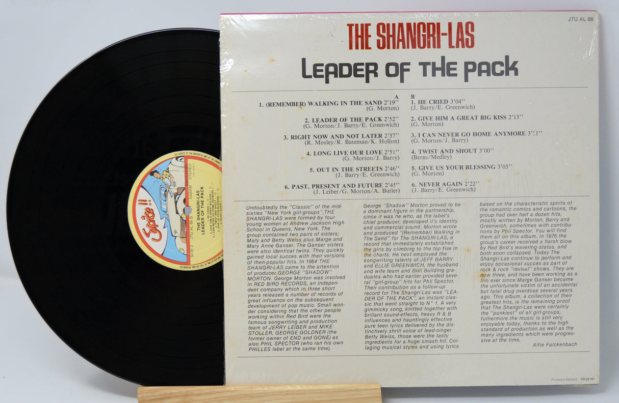 Back cover of The Shangri-Las Leader of the Pack vinyl album and record showing song list