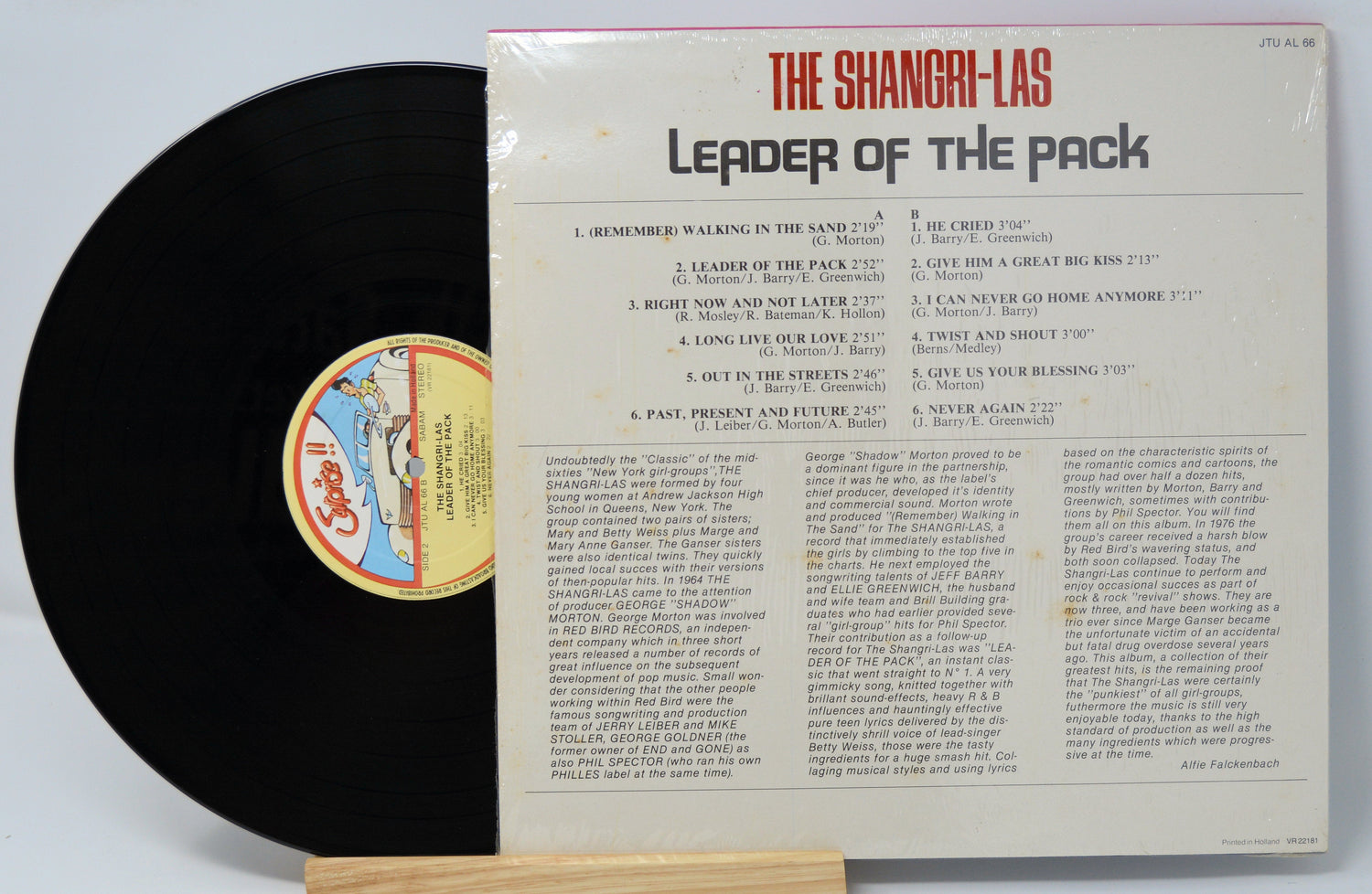 Back cover of The Shangri-Las Leader of the Pack vinyl album and record showing song list