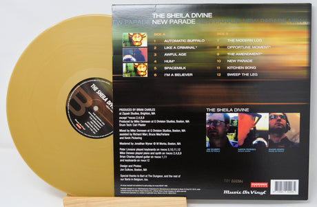 Back cover and gold vinyl of The Sheila Divine's New Parade album, tracklist and band details shown