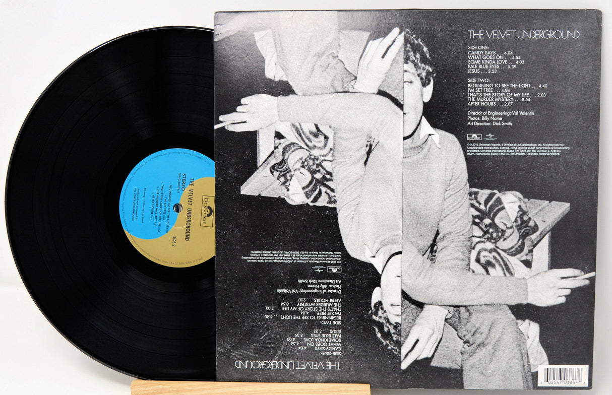 Back cover of The Velvet Underground self-titled vinyl LP with track list and black and white portrait art