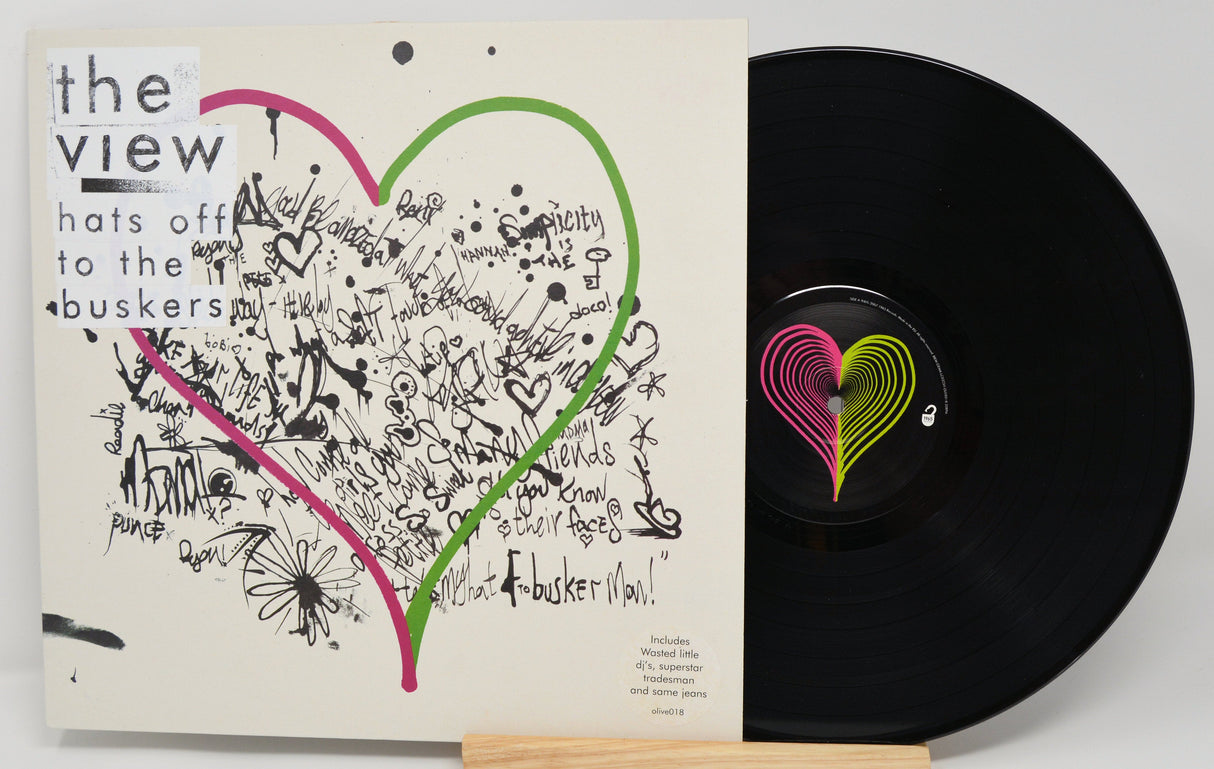 Front cover and vinyl record of The View's 'Hats Off to the Buskers' LP with heart-themed graffiti art