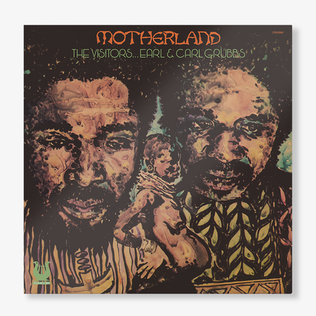 Vinyl record cover with artistic depiction of faces and text 'Motherland The Visitors Earl & Carl Grubbs'.