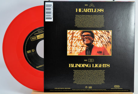 The Weekns Red vinyl record with 'Heartless' and 'Blinding Lights' album cover on a white background second variant