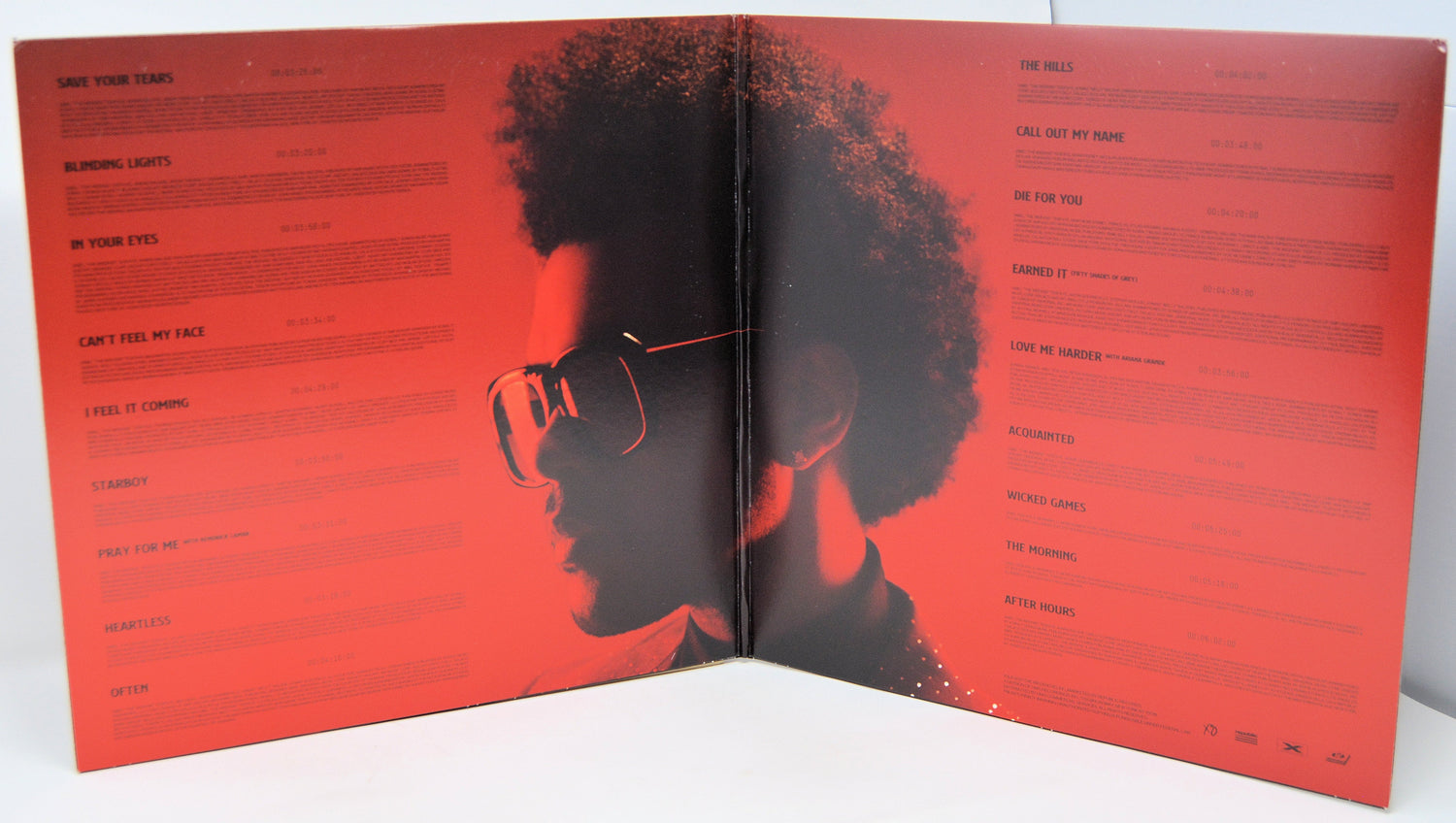 Open gatefold of The Weeknd The Highlights LP with tracklist and artist profile