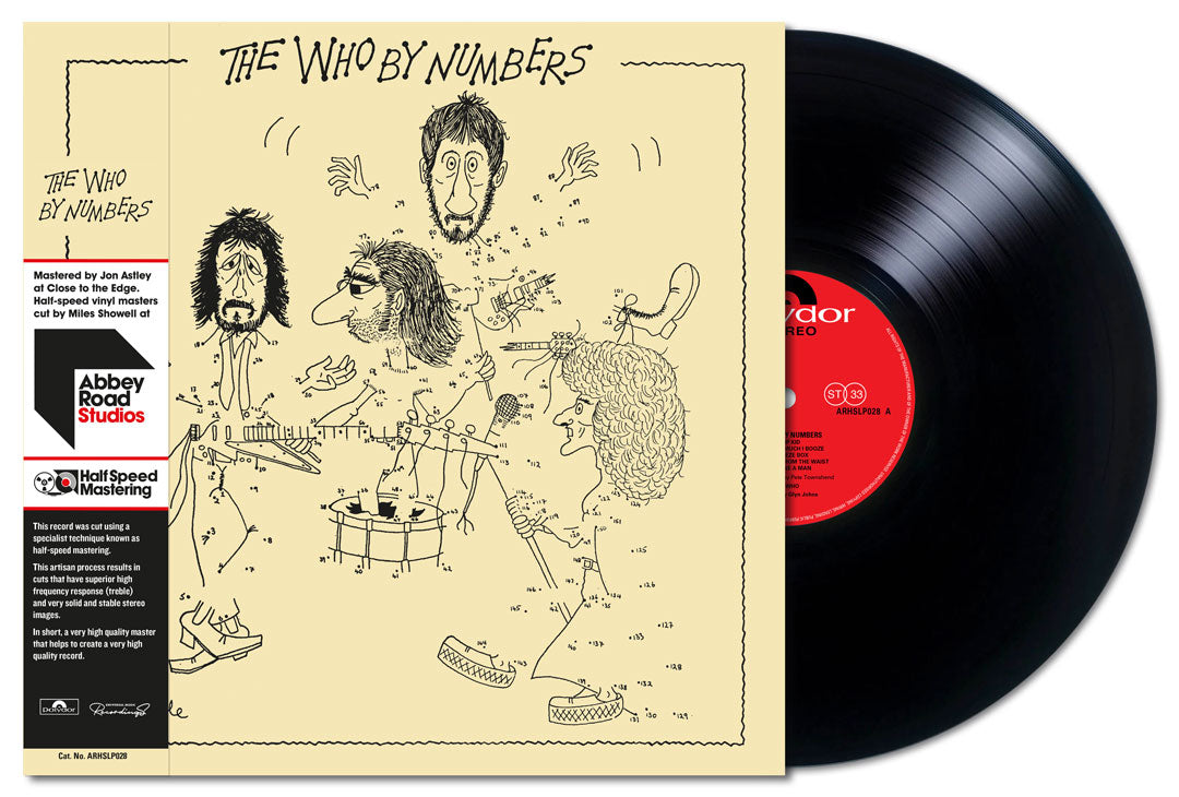 Vinyl record with 'The Who by Numbers' cover featuring black and white illustrations.