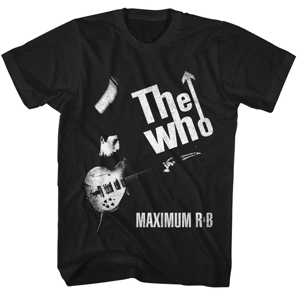 Black t-shirt with 'The Who' logo and 'Maximum R&B' text on a white background