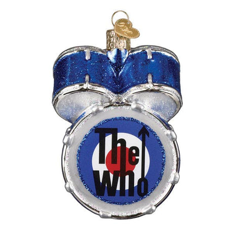 Glass drum kit ornament featuring The Who logo and blue glitter accents