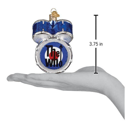 The Who drum kit ornament shown on a hand with 3.75 inch scale