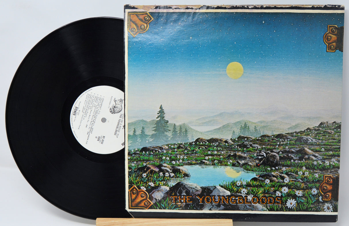 Vinyl record with a landscape cover featuring mountains and a lake.