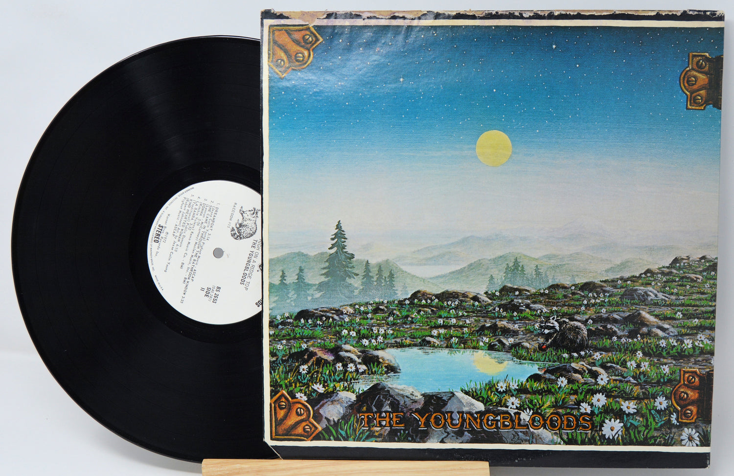 Vinyl record with a landscape cover featuring mountains and a lake.