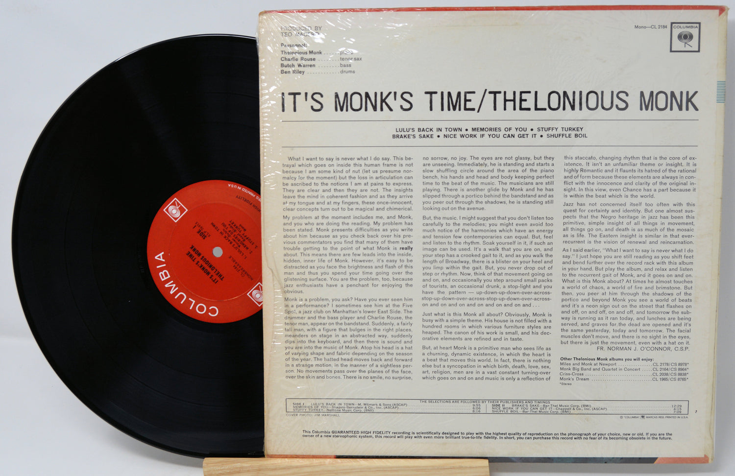 Vinyl record with cover displaying 'It's Monk's Time' by Thelonious Monk.